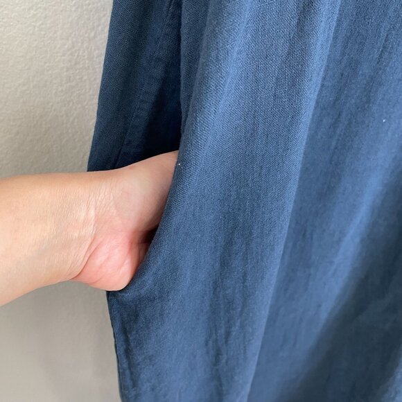 Francesca Bettini Womens Medium Linen Cotton Midi Dress Blue Roll Tab Sleeve - Picture 7 of 11